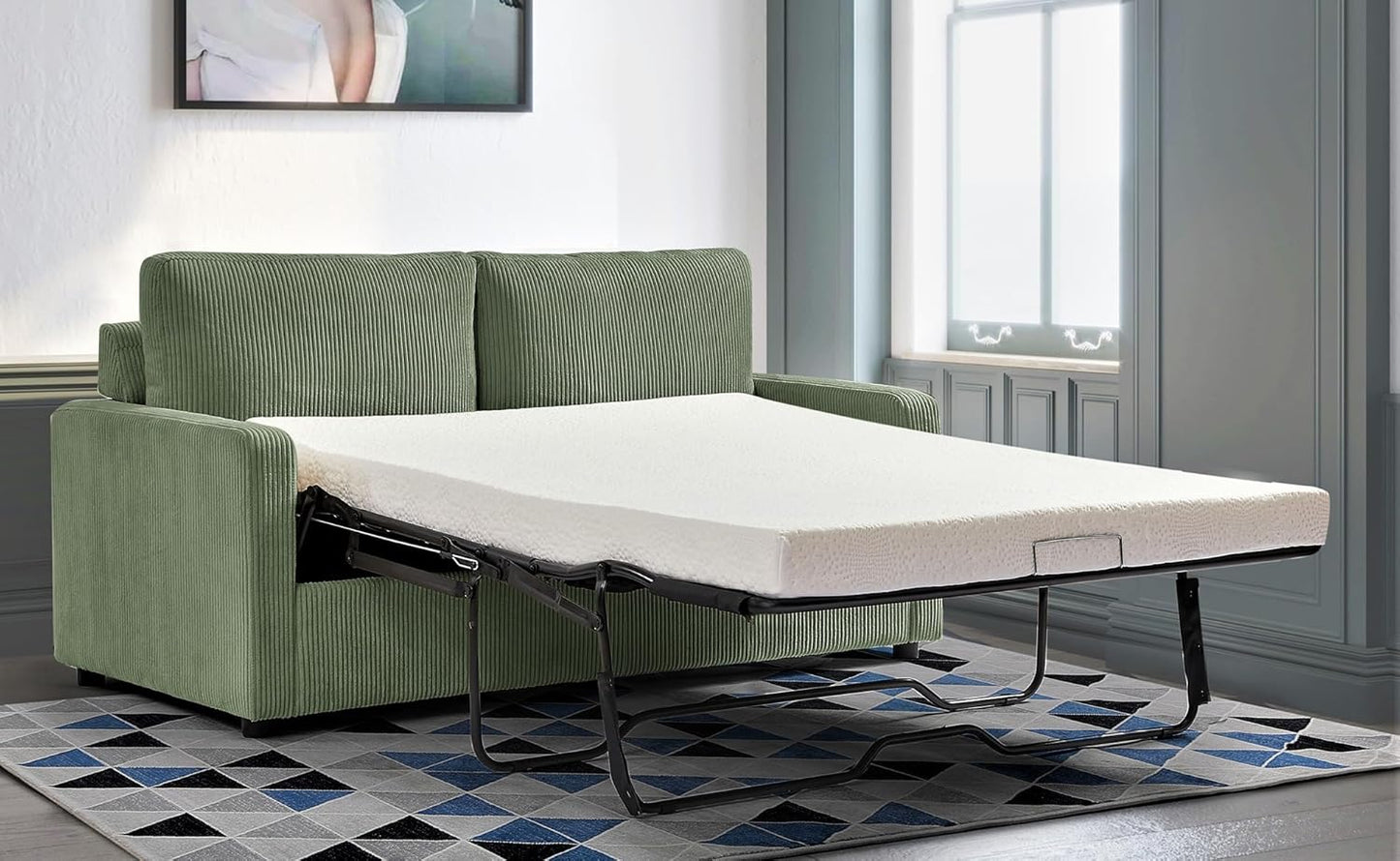 Reversible Sleeper Sofa Bed with Comfortable Memory Foam Mattress, Convertible Corduroy Full Size Pull Out Couch for Living Room, Space Saving Furniture, 70" Wide, Rectangular Arms, Dark Green