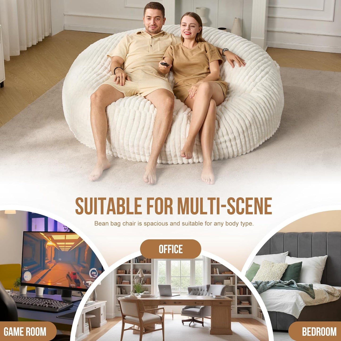 Hobestluk 6ft Bean Bag Chairs for Adults Large Beanbag Chair with Stripe Plush Cover Big Bean Bag Chair for Living Room Bedroom Dorm Office - White (70" x 70" x 15")