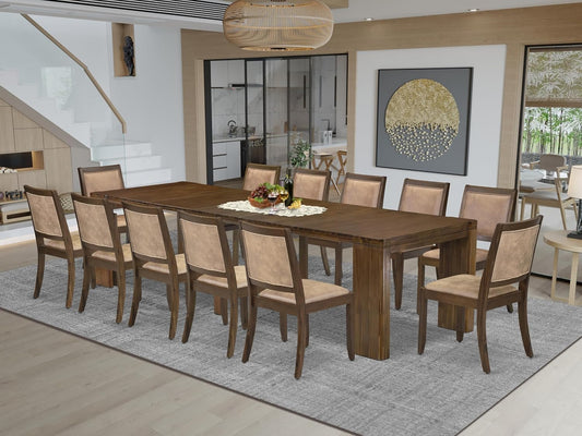 X12X2-008-28 - 13-Pc Dining Room Table Set includes an Extendable Rectangle Kitchen Table and 12 Stackable Polyester Fabric Dining Chairs, 39x120 Inch, Antique Walnut