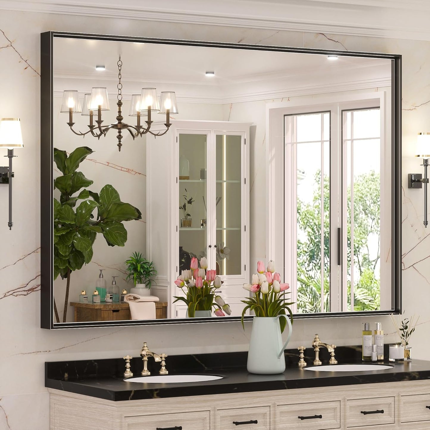 Keonjinn Black Mirror for Bathroom 60 x 40 Inch Rectangular Wall Mirror Large Matte Black Vanity Mirror Metal Frame Rectangle Farmhouse Mirror, Modern Square Corner Framed Mirror(Horizontal/Vertical)