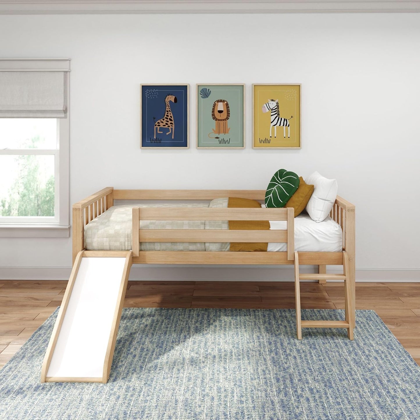 Max & Lily Twin Ultra Low Loft Bed with Slide and Climbing Ladder, Solid Wood Bed for Kids, Space Saving Design for Small Rooms, Twin Size Loft Bed with 14 Inch Guardrails, Anti Slip Steps, Blonde