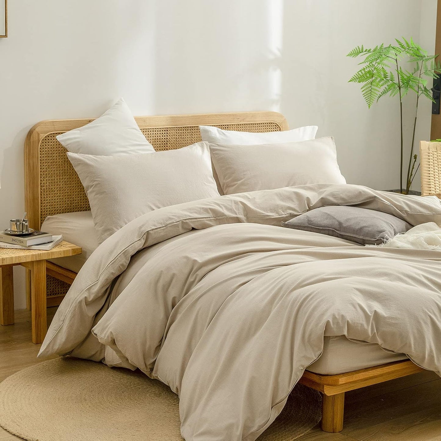 BESTOUCH Duvet Cover Set 100% Washed Cotton Linen Feel Super Soft Comfortable Chic Lightweight 3 PCs Home Bedding Set Solid Almond Milk Grey Super King Plus