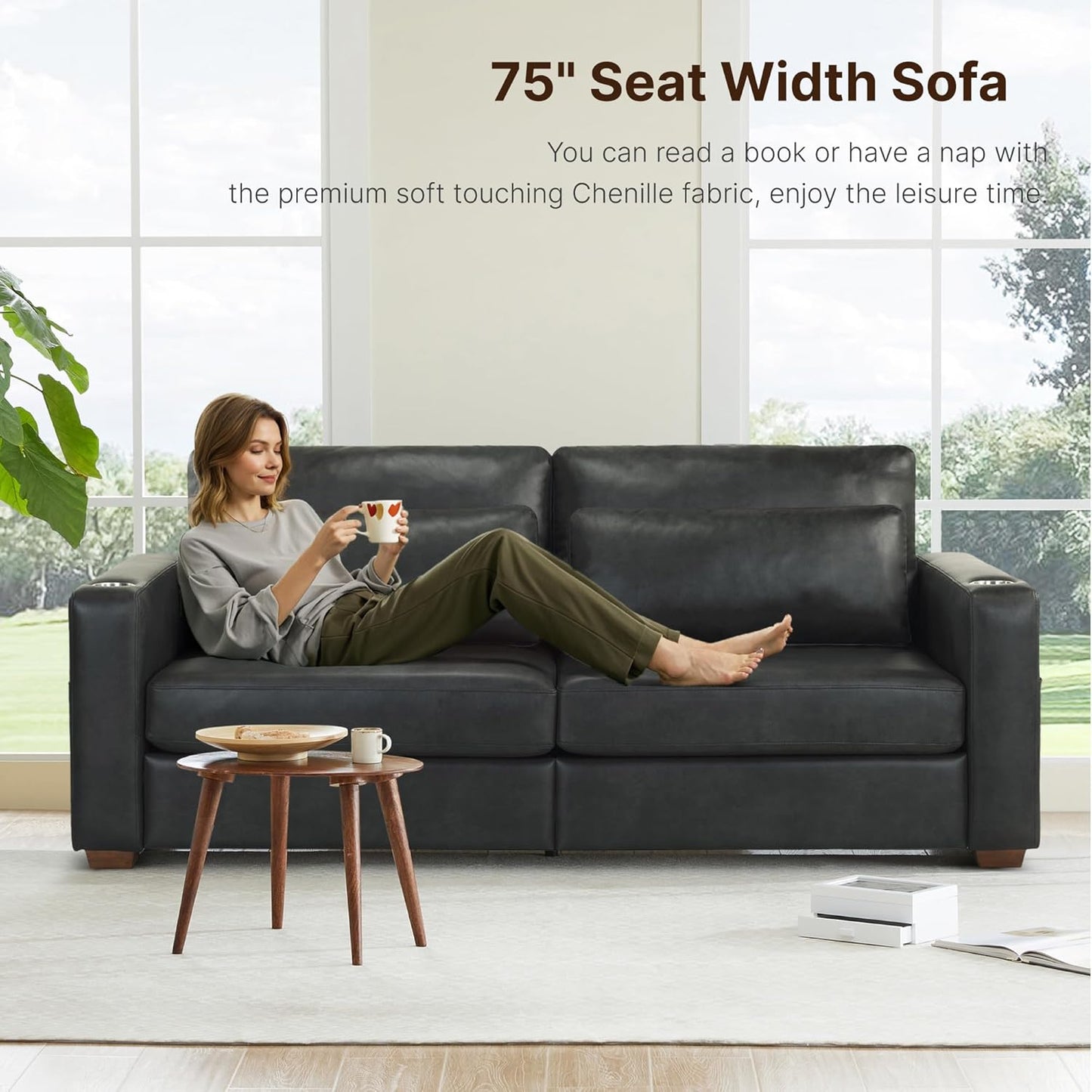 89" Sofa Couch for Living Room Faux Leather Upholstered Couch with Deep Seats and Wide Armrests 3 Seater Comfy Sofa with Cup Holders, USB & Type-C Ports, Spring Cushion, Solid Wood Frame Black
