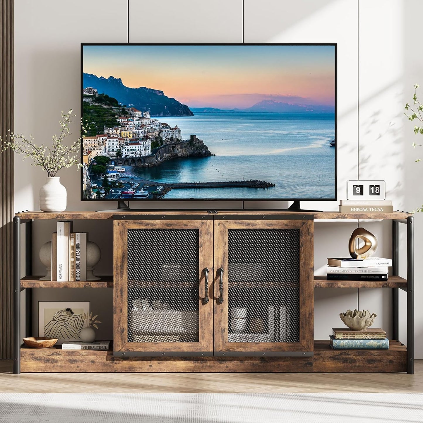 GarveeHome Farmhouse TV Stand for 65/75 inch TV, Entertainment Center with Storage Cabinet, Industrial TV Console Cabinet with Mesh Doors, 63" Rustic TV Media Console Table for Living Room, Vintage