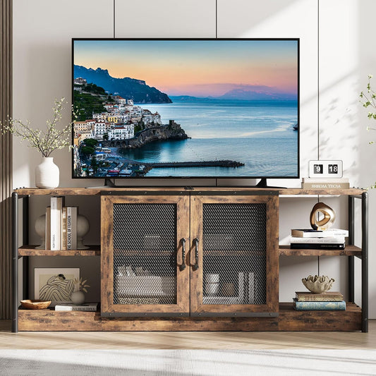 GarveeHome Farmhouse TV Stand for 65/75 inch TV, Entertainment Center with Storage Cabinet, Industrial TV Console Cabinet with Mesh Doors, 63" Rustic TV Media Console Table for Living Room, Vintage