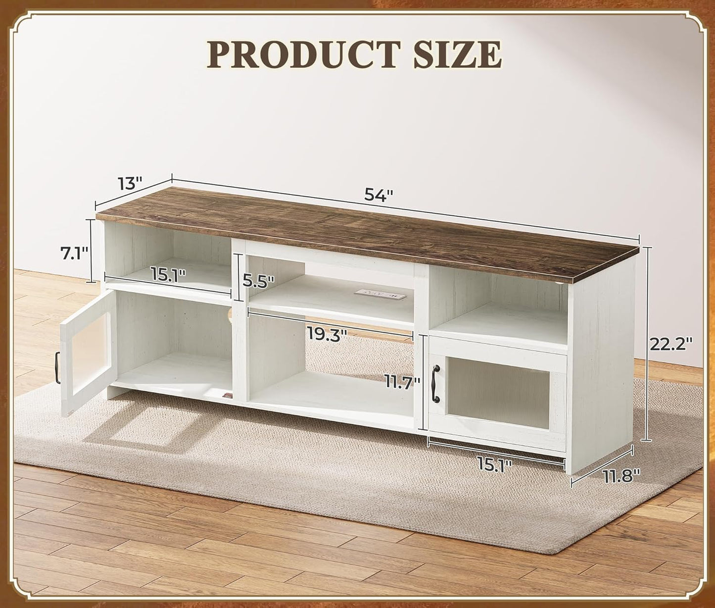 PRAISUN TV Stand for 60 Inch TV, TV Console Cabinet with Power Outlets and LED Lights, 54 Inch Entertainment Center, 2 Acrylic Cabinets, 4 Cable Holes, Open Shelves, for Living Room, Distressed White
