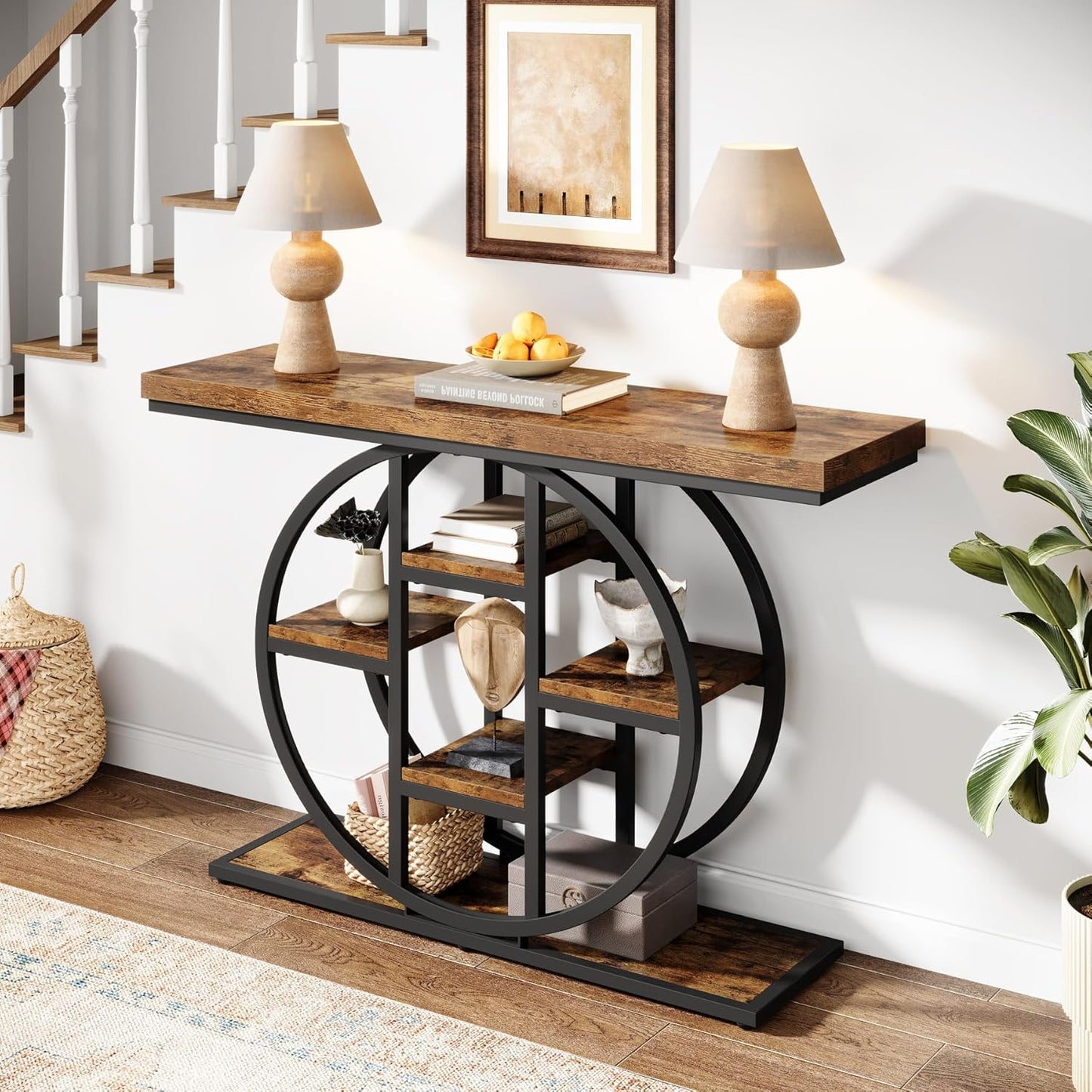 41" Console Table for Entryway, 4-Tier Industrial Narrow Wood Sofa Accent Tables with Circle Storage Shelves for Living Room, Hallway, Foyer (Rustic Brown)