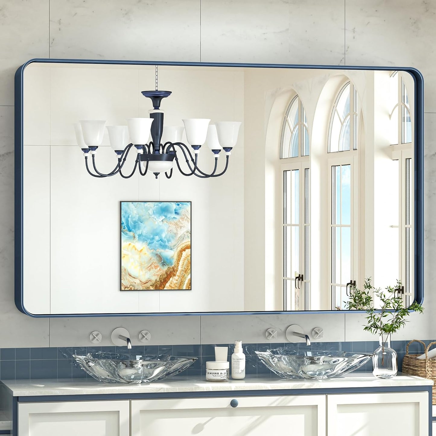 TokeShimi 60 x 36 Inch Blue Bathroom Vanity Mirror for Wall with Non-Rusting Aluminum Alloy Matte Metal Frame for Modern Farmhouse Home Decor (Horizontal/Vertical)