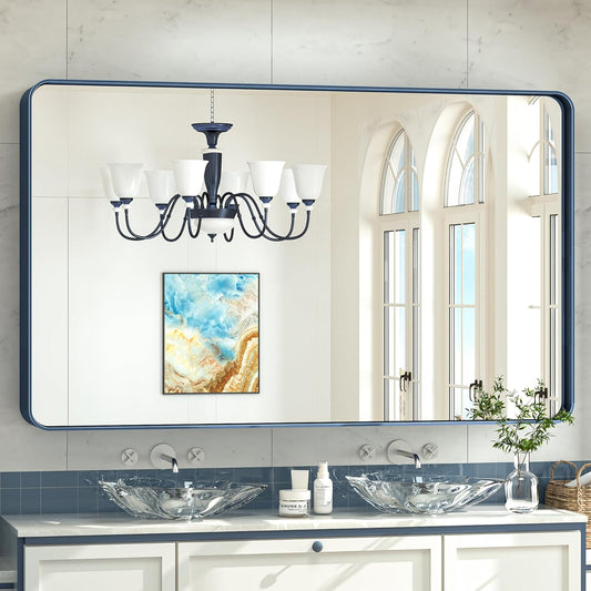 TokeShimi 60 x 36 Inch Blue Bathroom Vanity Mirror for Wall with Non-Rusting Aluminum Alloy Matte Metal Frame for Modern Farmhouse Home Decor (Horizontal/Vertical)