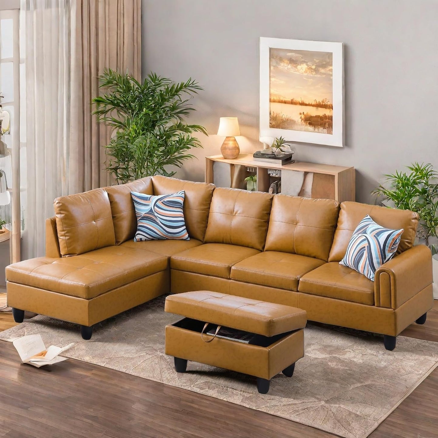 L Shaped Sectional Couches, Leather Couch Modular Sectional Sofa with Ottoman Storage, Modern L Shaped Couch with Chaise for Living Room Bedroom Apartment Furniture, Orange