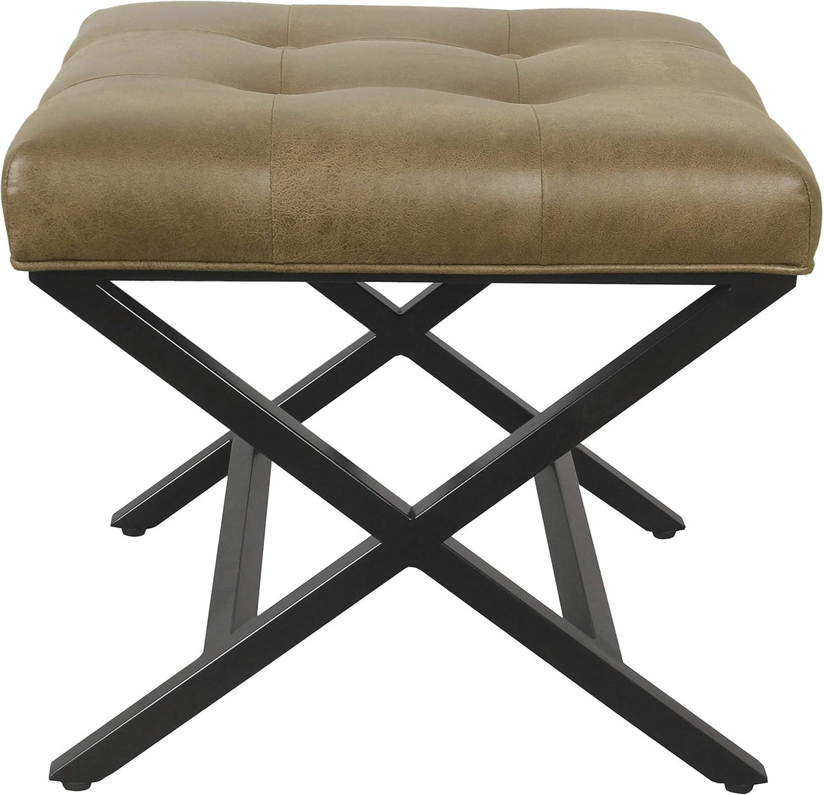 HomePop Home Decor | Modern Tufted Faux Leather Square Ottoman with Metal X Base | Ottoman for Living Room & Bedroom | Decorative Home Furniture, Light Brown Faux Leather