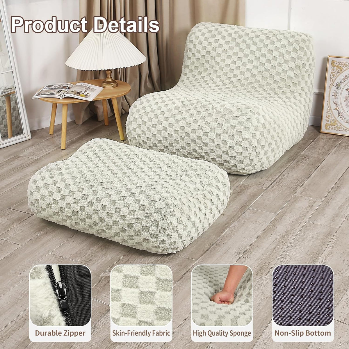 Bean Bag Chair with Footstool, Comfy Reading Sofa Chair for Adults, Modern Floor Sofa for Livingroom, Bedroom, Green