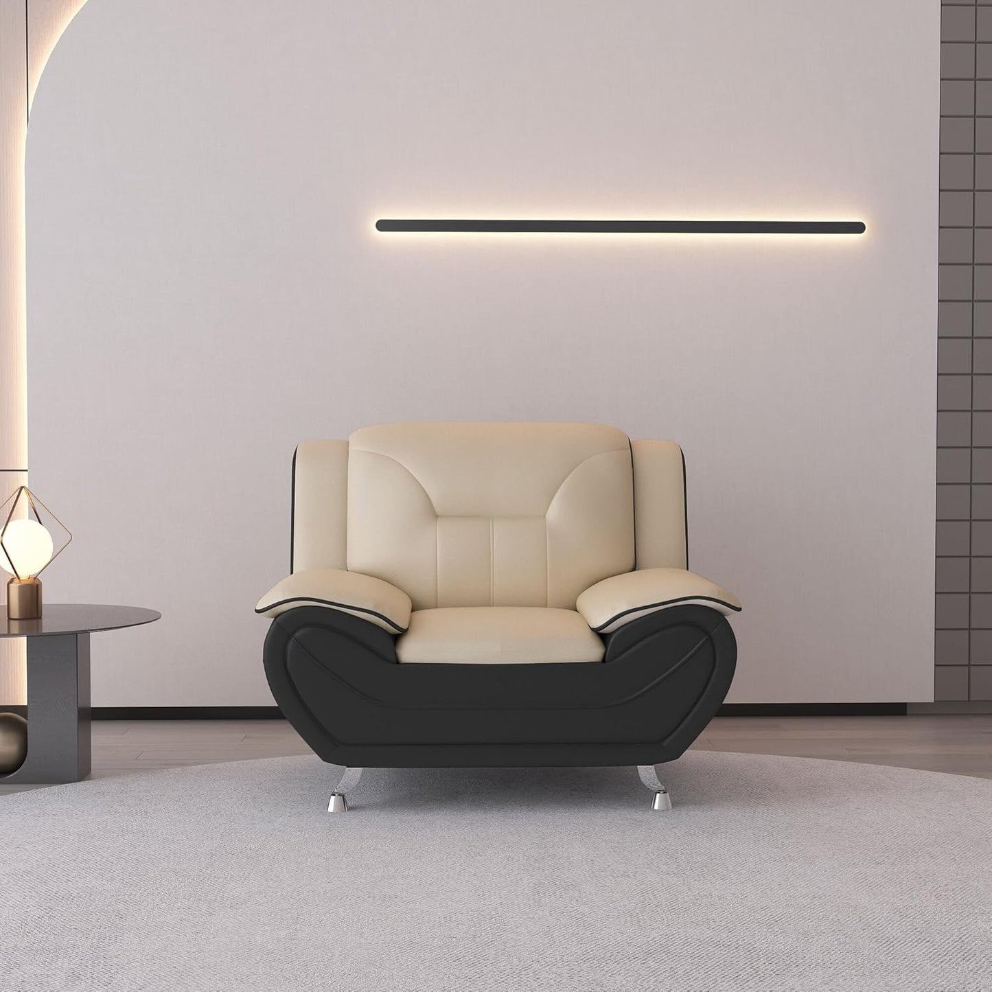 Container Furniture Direct Michael Modern Faux Leather Upholstered Stainless Steel Legs Living Room Sofa, Chair, Camel/Black