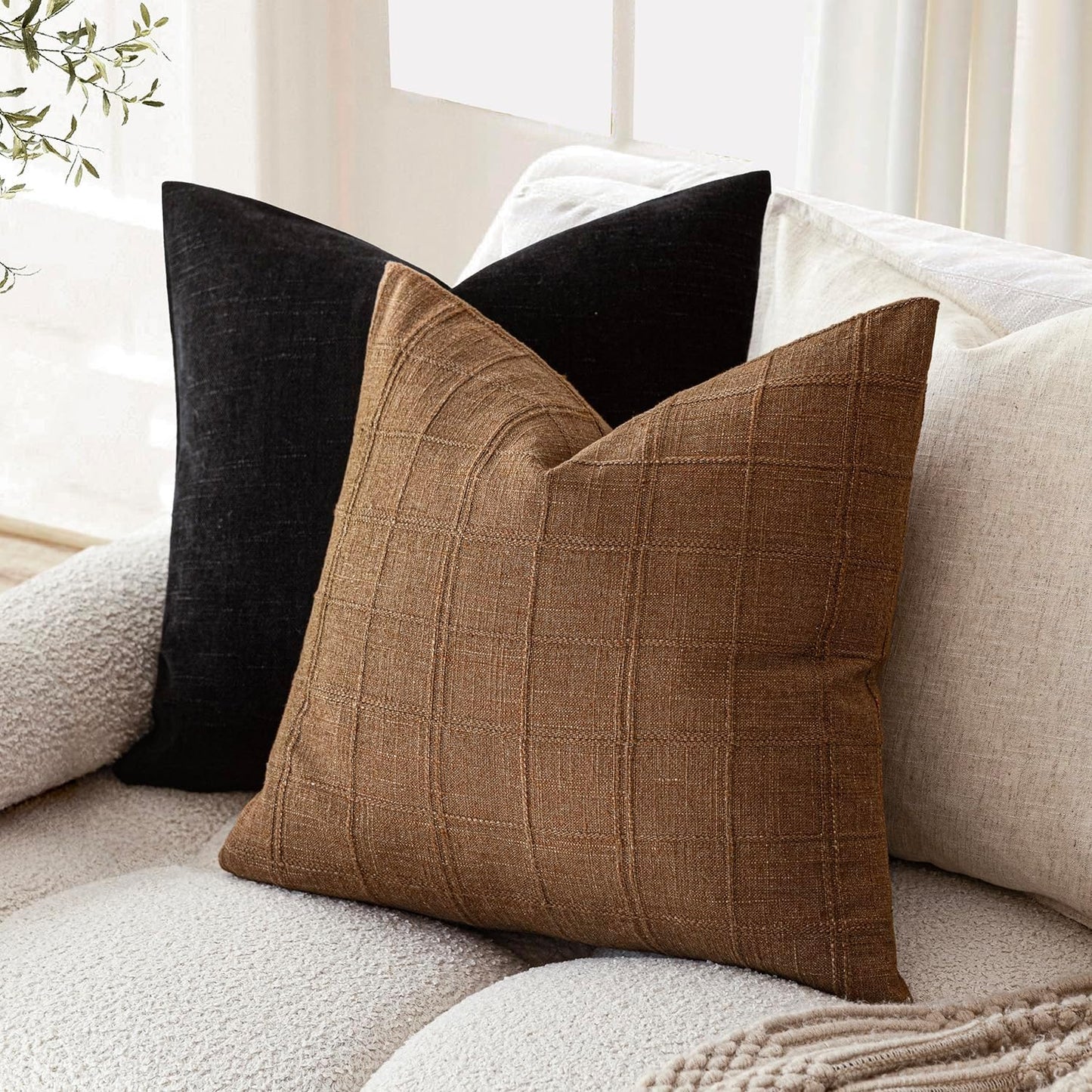 Foindtower Set of 2 Decorative Linen Check Throw Pillow Covers Neutral Farmhouse Vintage Cushion Covers Modern Boho Home Decor for Sofa Chair Couch Bedroom Living Room Outdoor,22×22 Inch,Brown Hazel