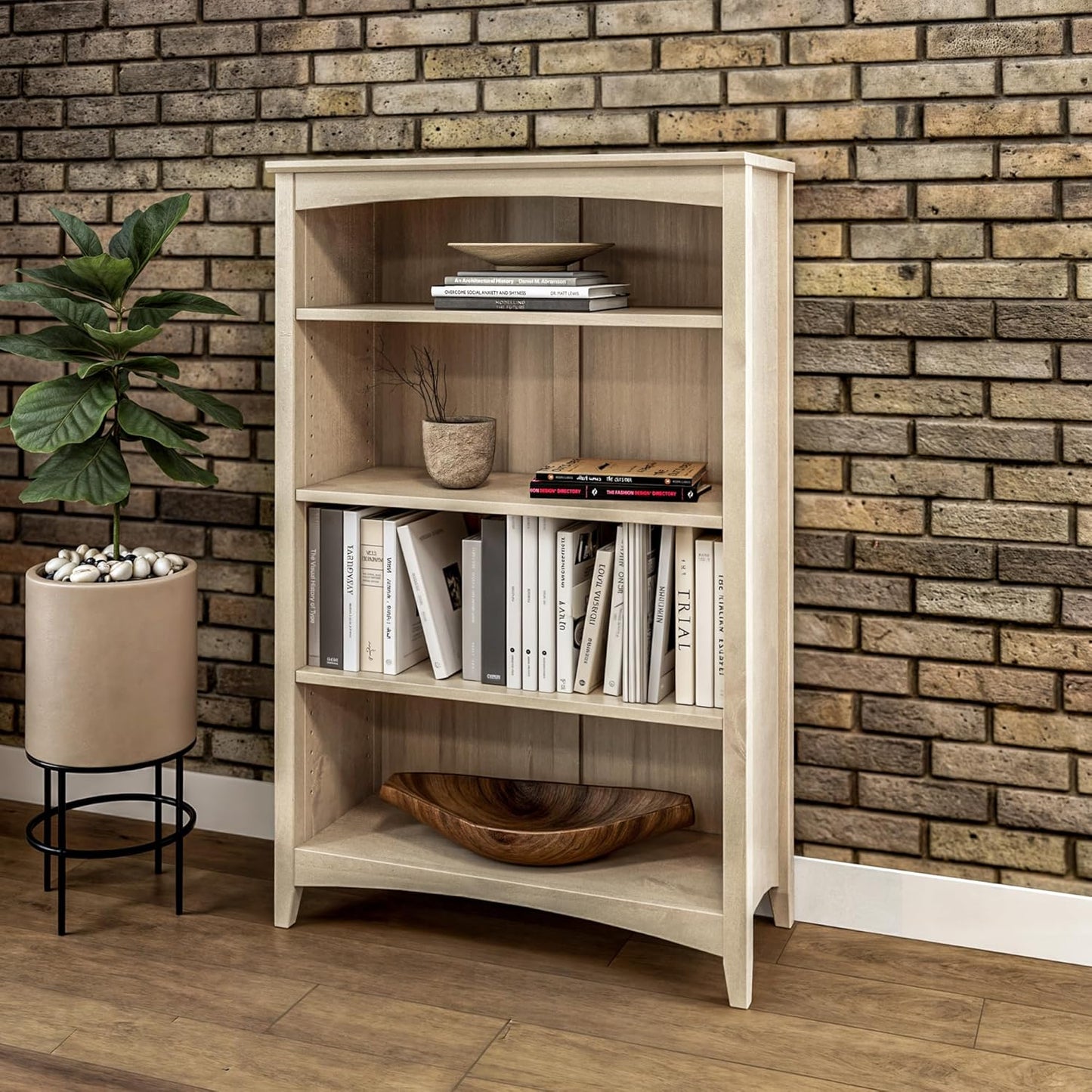 Camaflexi Shaker Style 4 Shelf Bookcase/Solid Wood / 48" High/Adjustable Shelving/Closed Back/Display Bookshelf for Living Room, Bedroom, Home and Office, Light Oak