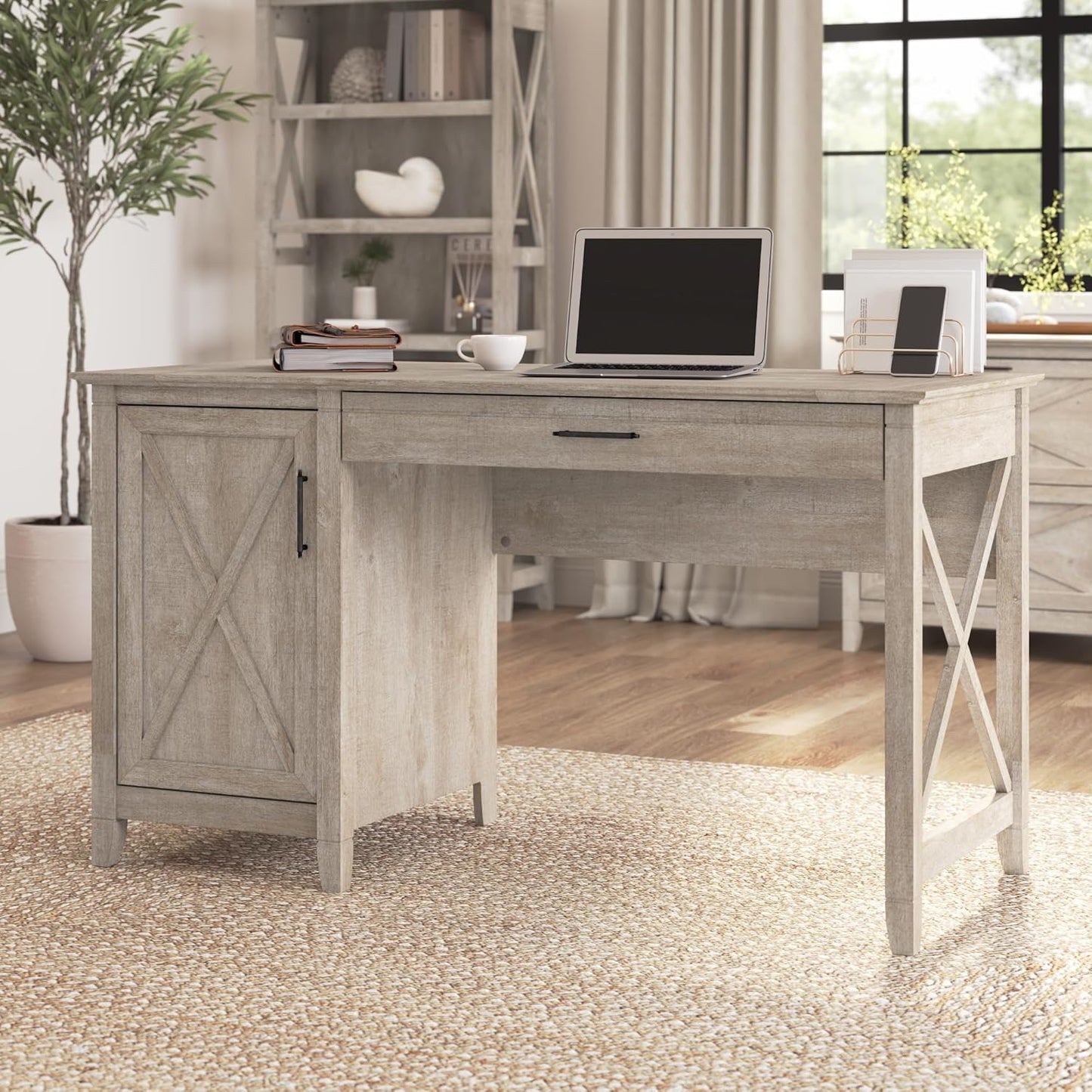 Bush Furniture Key West Computer Desk Farmhouse PC Table for Home Office, 54W w/Storage, Washed Gray