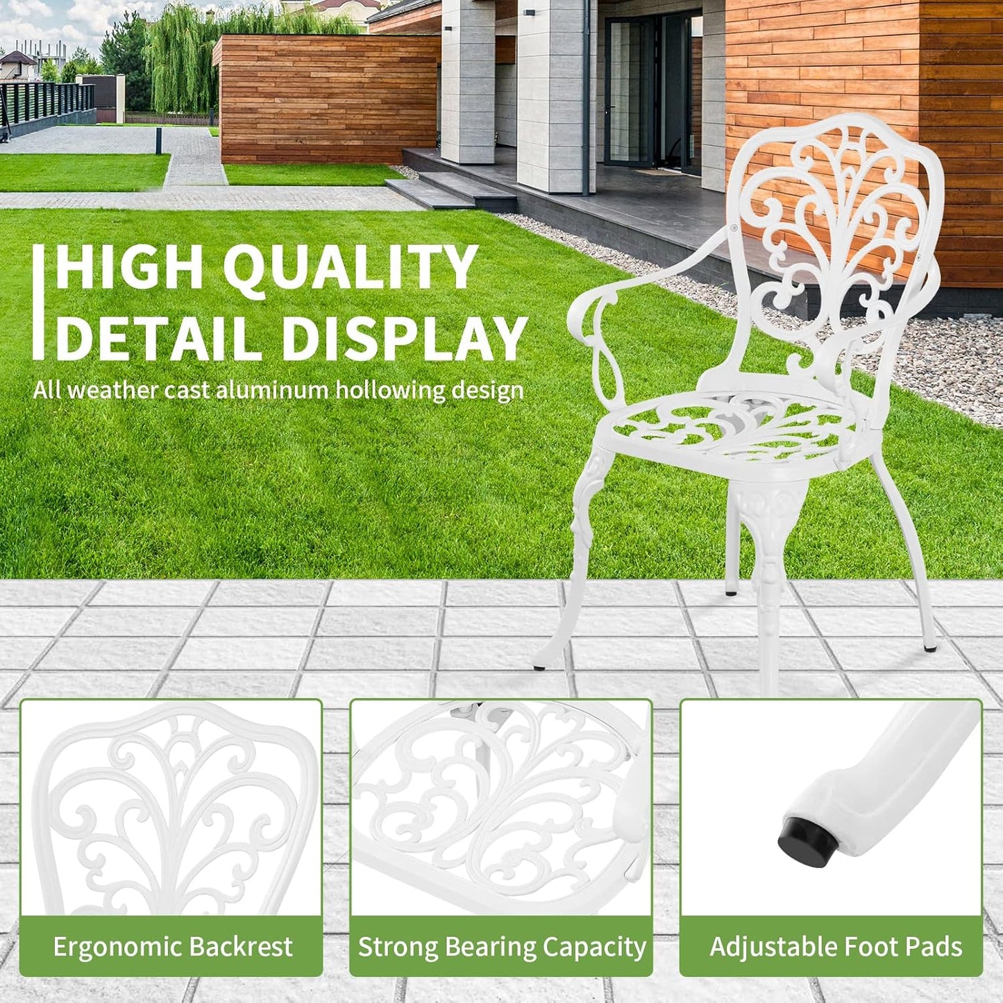 Patio Bistro Set 3 Piece Cast Aluminum Outdoor Bistro Set, Rust Resistance Bistro Table and Chairs of 2 with Umbrella Hole, Small Patio Set for Garden Outside, White