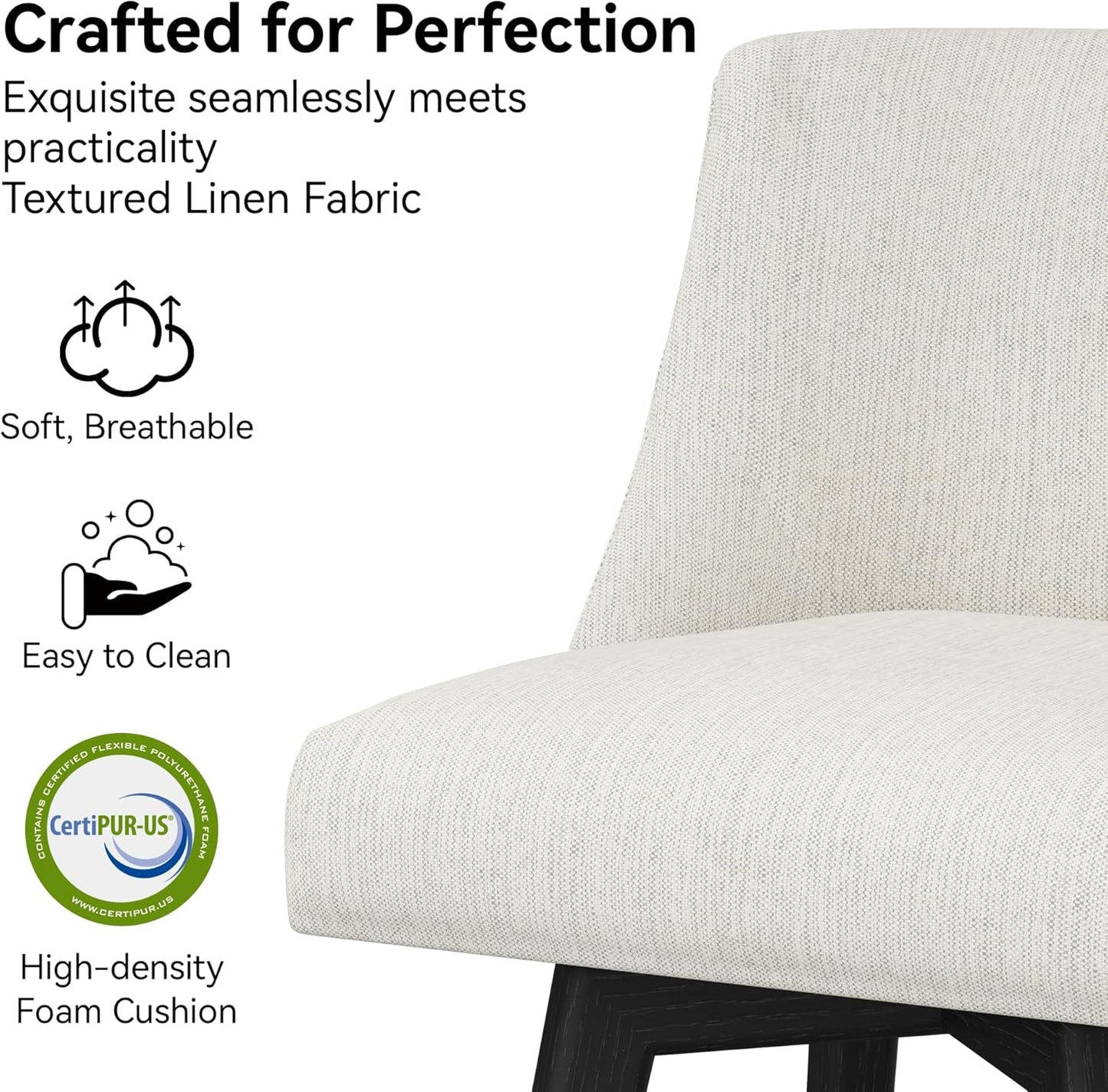 Counter Height Bar Stools Set of 3, Modern Swivel Barstools with Back and Wood Legs, Linen Fabric Upholstered Bar Chairs, 26" H Kitchen Counter Stools, Kitchen Island Home Bar, Ivory