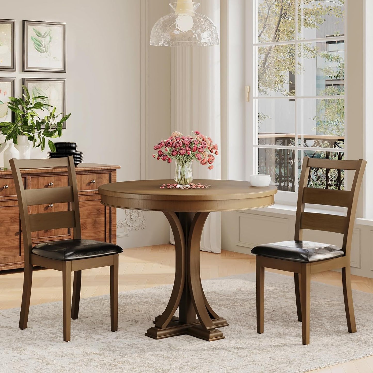 COLAMY Upholstered Dining Chairs Set of 6, PU Leather Ladder High Back Dining Room Kitchen Side Chair with Adjustable Foot Pegs, Dark Brown
