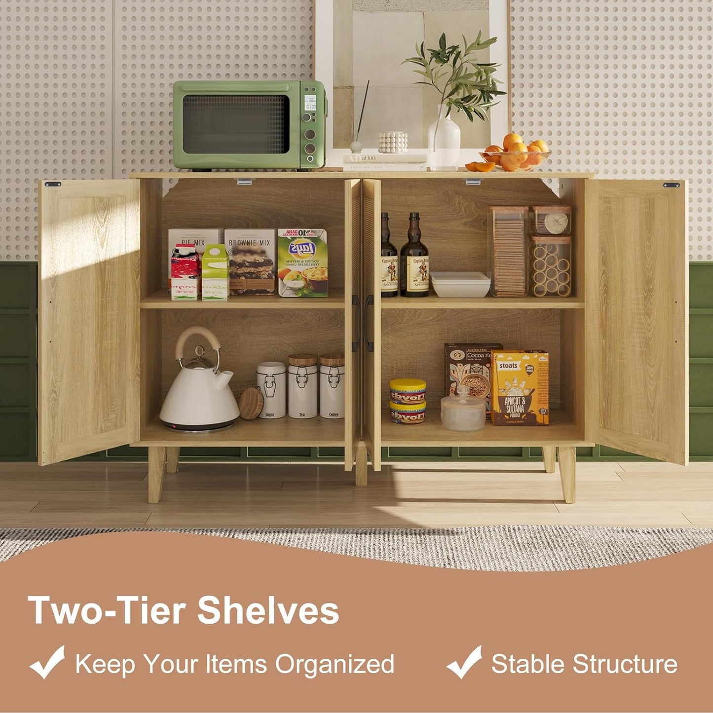 Storage Cabinet with Rattan Trim - 4 Door Sideboard Buffet Cabinet with Storage and Shelves for Bathroom, Coffee Bar, Kitchen, Living Room, Hallway (Natural Wood)