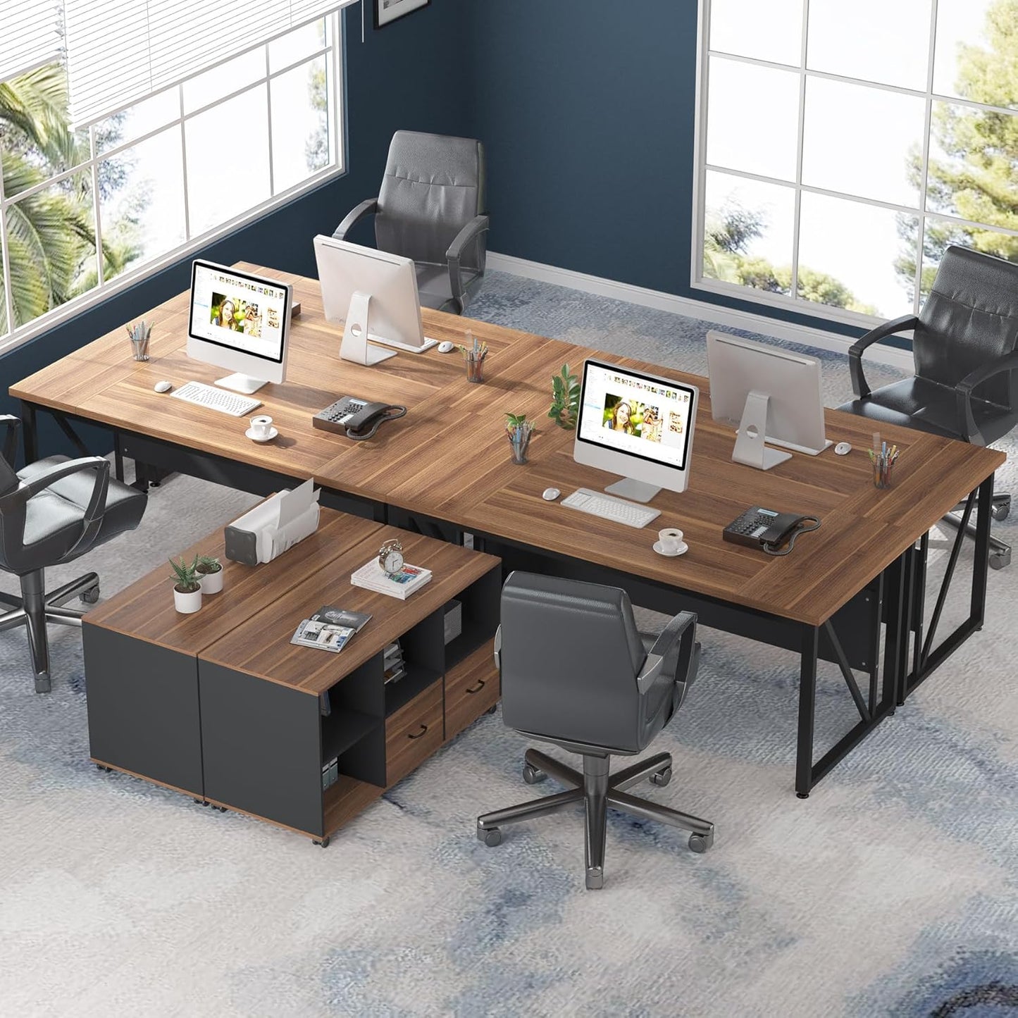 Tribesigns 63-Inch Executive Desk with 47-Inch Mobile File Cabinet, Large Home Office Desk with Drawers and Storage Shelves, L-Shaped Computer Desk Workstation Business Furniture, Walnut & Gray