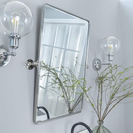 TEHOME 20x30'' Brushed Nickel Pivot Mirror Rectangle Bathroom Vanity Mirror Brushed Silver Rounded Corner Metal Framed Tilting Beveled Vanity Wall Mirrors