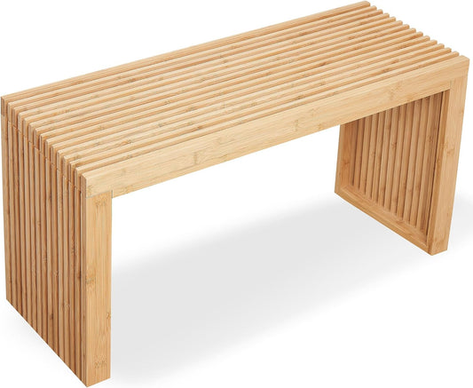 Bamboo Natural 36 inch Wooden Bench, Small Wood Benches for Entryway, Living & Dining Room, Kitchen, Bedroom, Bathroom, Hallway, Front Door, For Indoor & Outdoor Patio Use, Mid Century Modern Decor