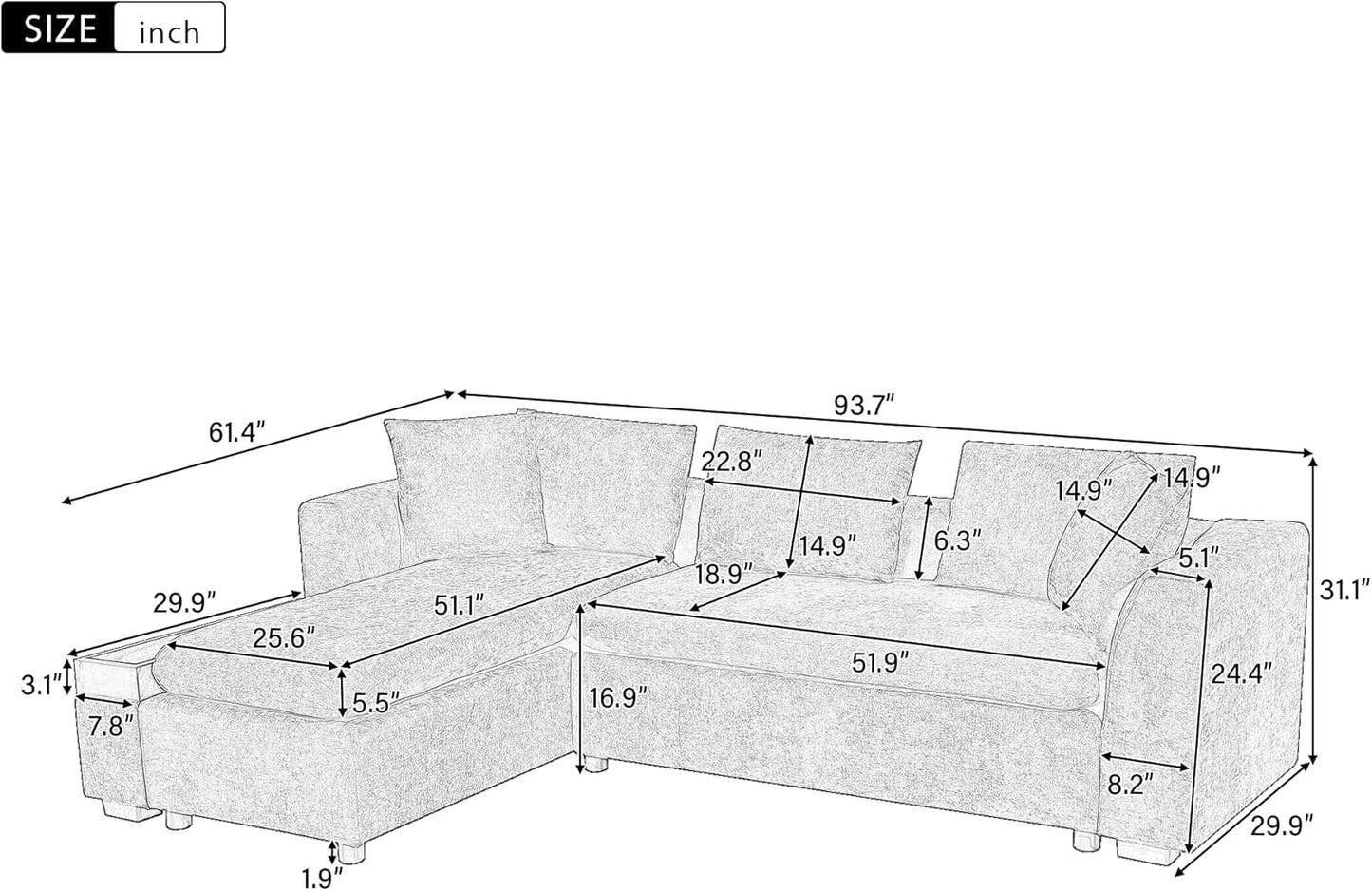 Ball & Cast Modular L-Shaped Sectional Sofa with Storage - 93.7" Chenille Fabric Couch, Deep Seating & Matching Pillows, Modern Living Room Furniture,Gray