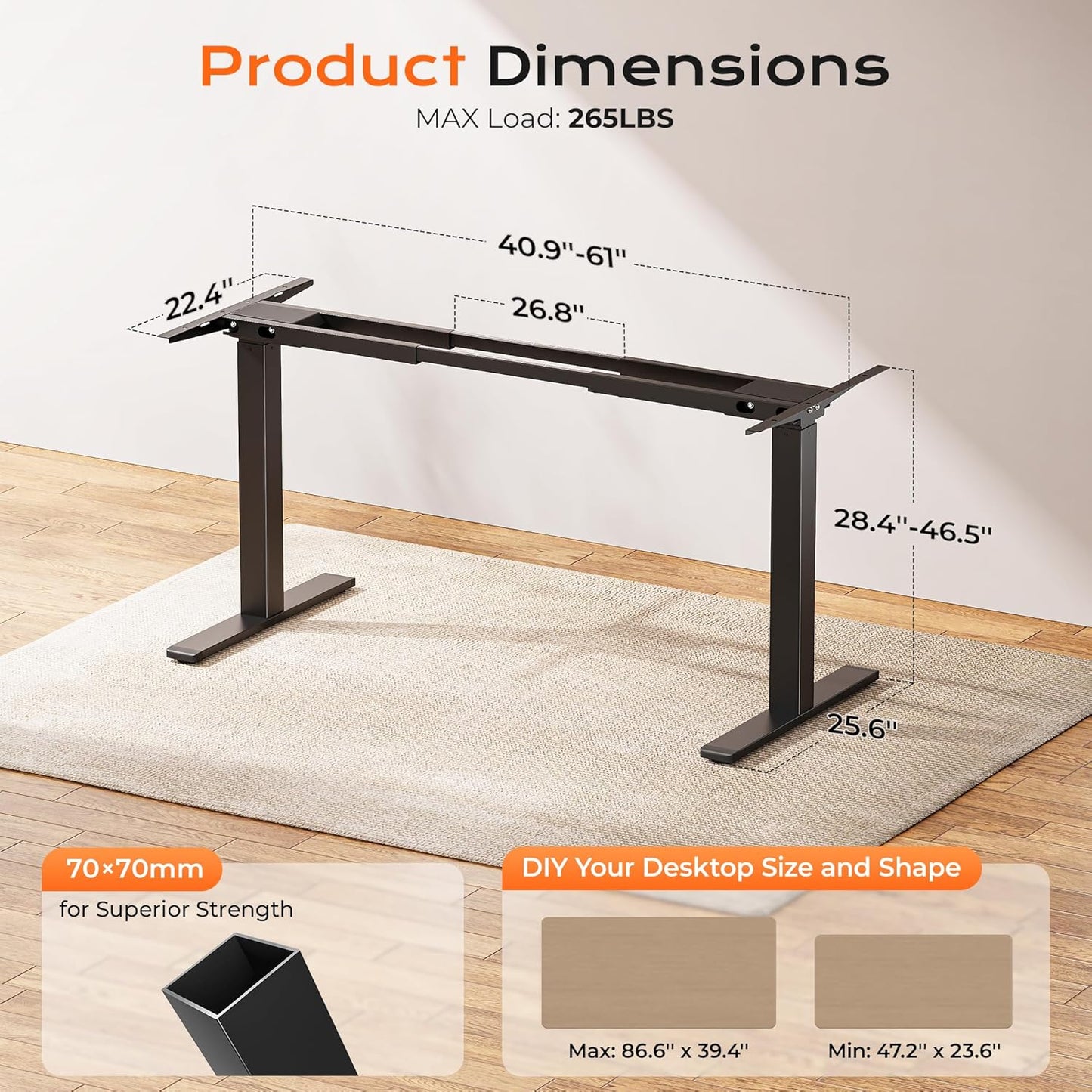 Huuger Dual Motor Electric Standing Desk Frame, Sit Stand up Desk Leg for 47.2” to 86.6” Desktop, Computer Desk Leg with Cable Tray, 3 Memory Height Presets, 2 Hooks, Black Frame Only