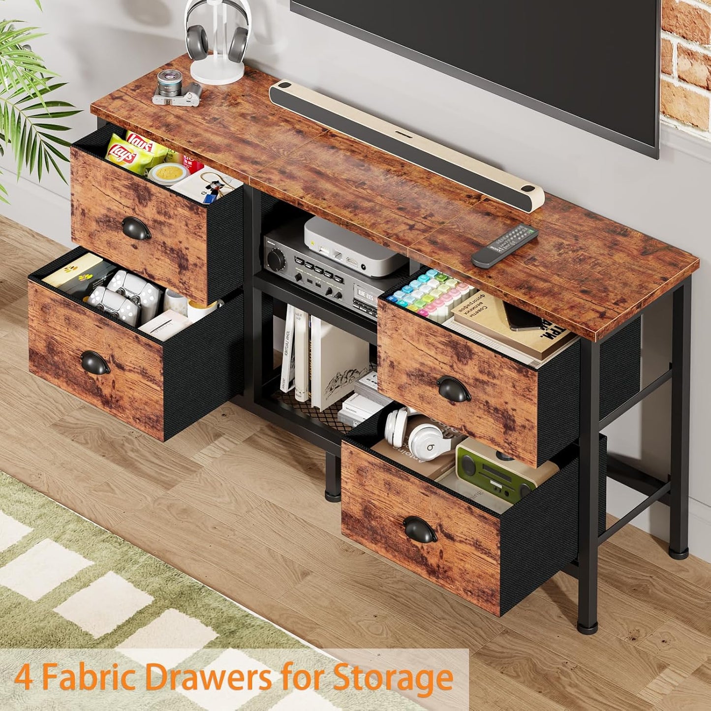 Furologee TV Stand Dresser with 4 Drawers, Television Stand with Open Shelf, Entertainment Center for 50" TV, Industrial Media Center for Bedroom, Living Room, Rustic Brown