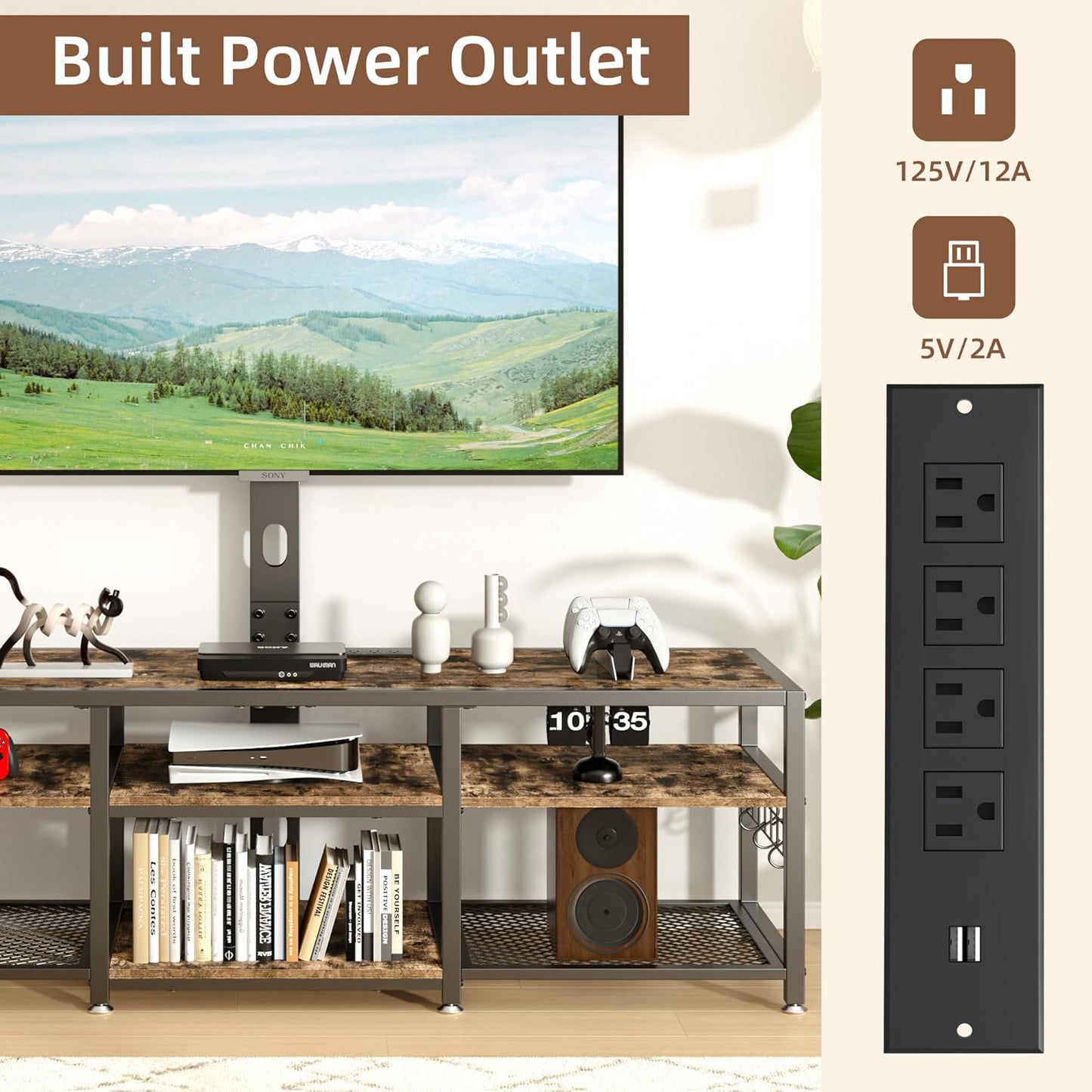 VECELO 71" TV Stand with Mount and Power Outlets, Entertainment Center with Open Storage Shelves, Height Adjustable Mount up to 80”, Wooden Table and Metal Frame for Living Room, Rustic Brown