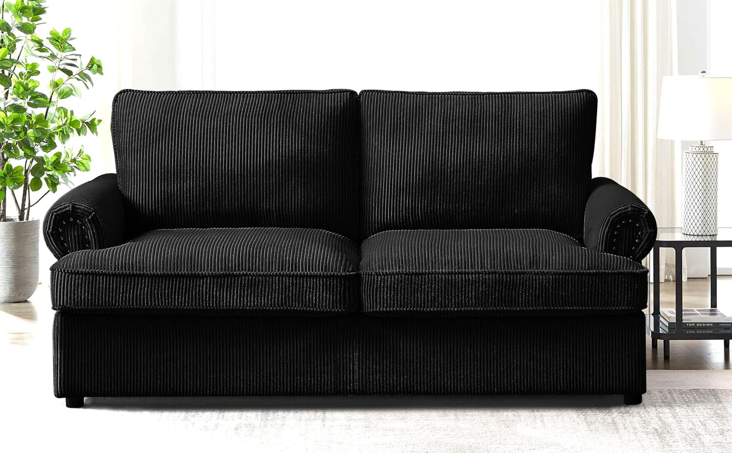 Reversible Sleeper Sofa Bed with Comfortable Memory Foam Mattress, Convertible Corduroy Full Size Pull Out Couch for Living Room, Space Saving Furniture, 72" Wide, Rounded Arms, Black