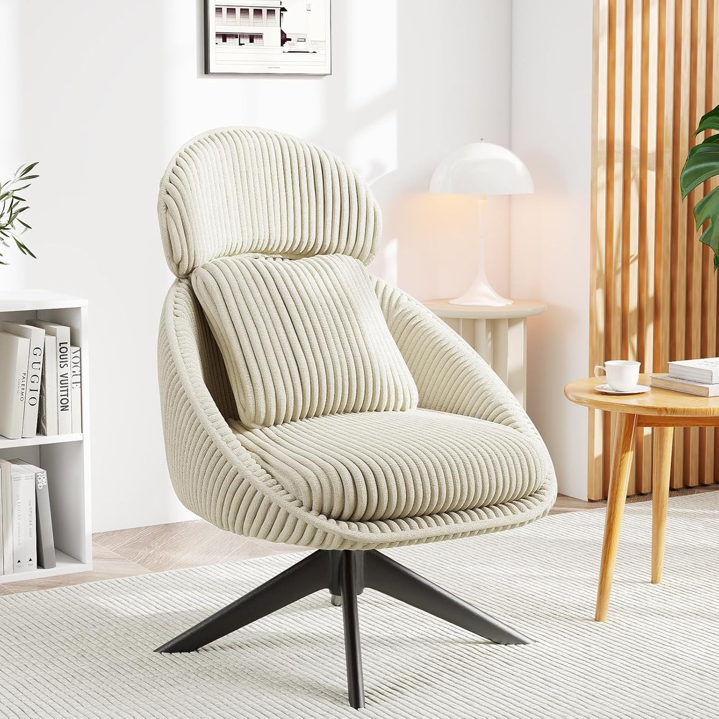 Furniliving Modern Accent Chair Upholstered Swivel Desk Chair for Living Room, Sofa Chair for Bedroom Armchair Side Chair with Headrest Bedroom Chair with Pillow Comfy Corduroy Chairs, Beige