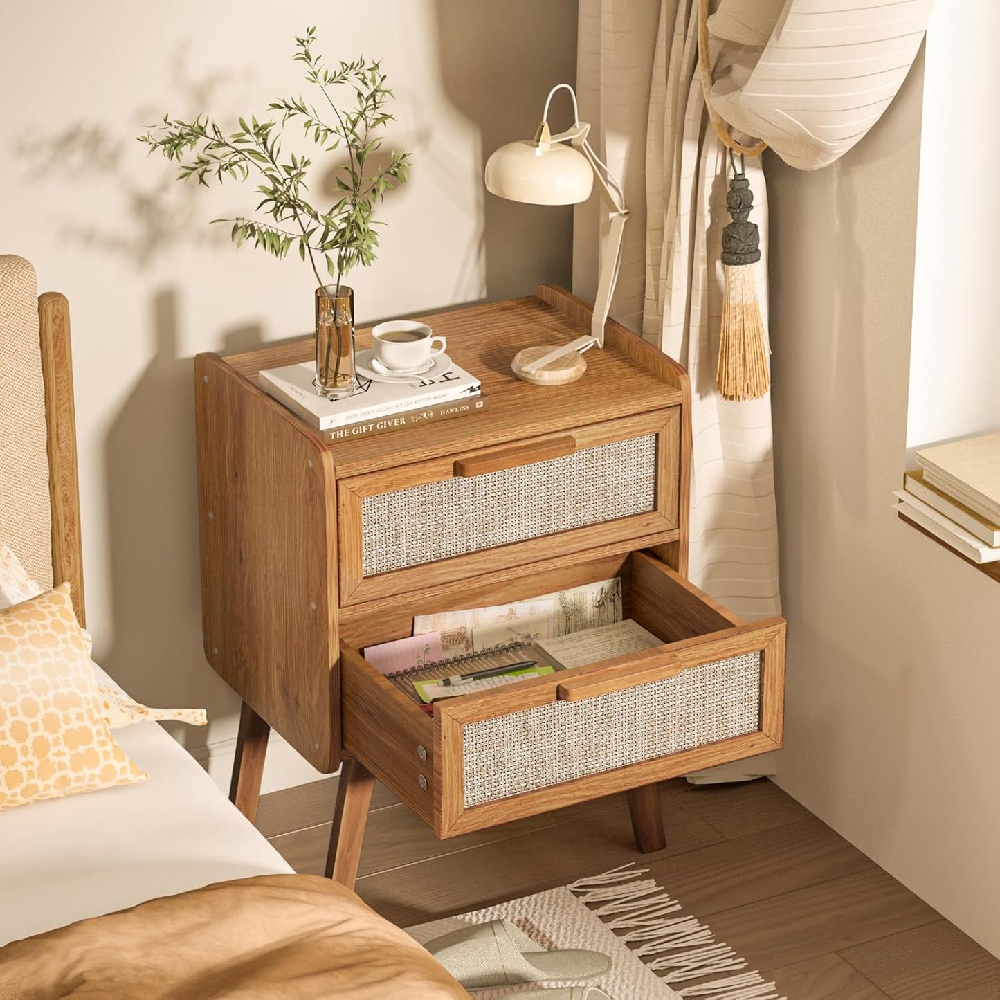 Lerliuo Rattan Nightstands Set of 2, Boho Night Stand with 2 Drawers, Cane Accent Side End Table, Bedside Table with Solid Wood Legs for Bedroom, Dorm and Small Spaces (Tea Brown)
