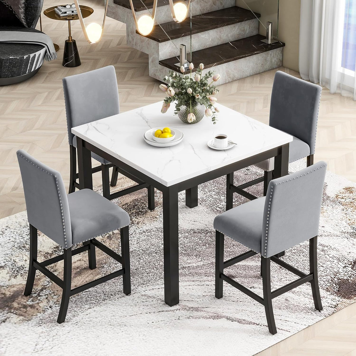HomSof 5-Piece Counter Height Dining Table Set with One Faux Marble Top Dining Table and Four Velvet-Upholstered Chairs,Grey