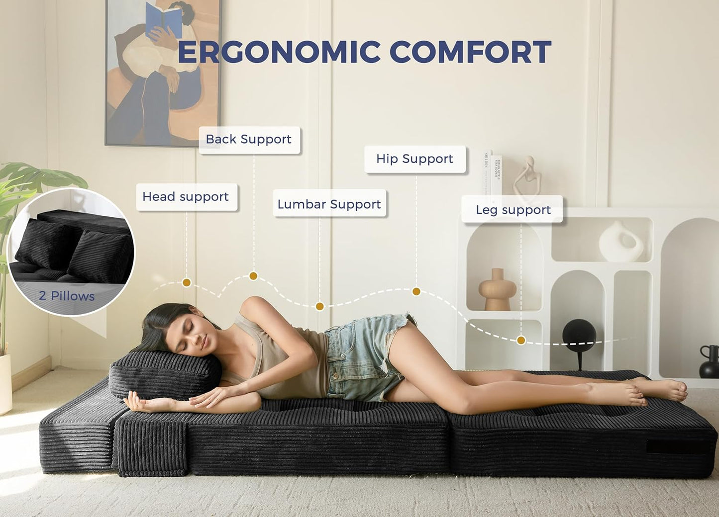 MAXYOYO Convertible Sofa Bed, Fold Out Sleeper Sofa with Pillow, 4 in 1 Tufted Folding Couch Bed Foam Floor Couch, Lazy Chair for Living Room Bedroom Guest Room, Black