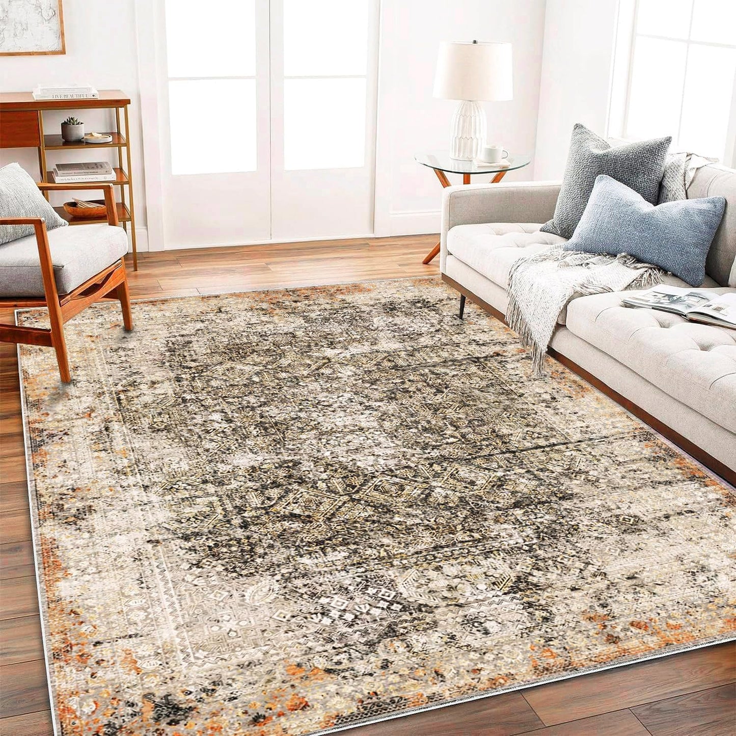 Area Rug 6'x9' Washable Vintage Traditional Floor Cover Thin Retro Kitchen Indoor Distressed Non Slip Carpet Floral Print Mat for Living Room Bedroom Dining Room