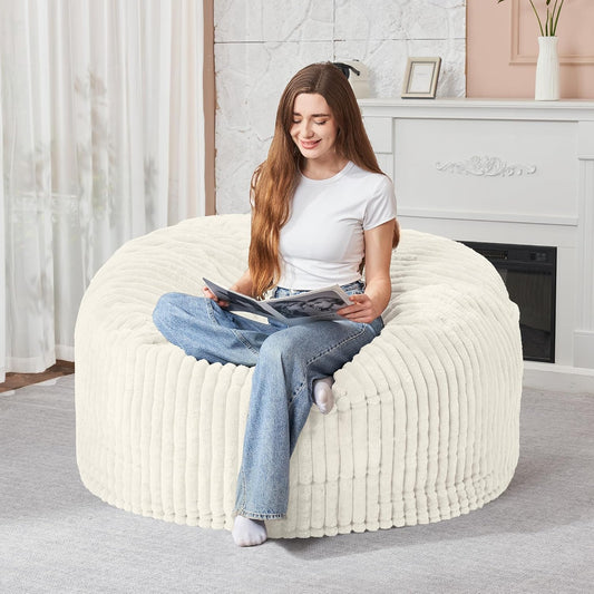 HABUTWAY 3FT Bean Bag Chair, 3' Large Bean Bag Chairs for Adults with Removable Stripe Plush Cover, Memory Foam Beanbag Chair for Living Room Bedroom Dorm (White)