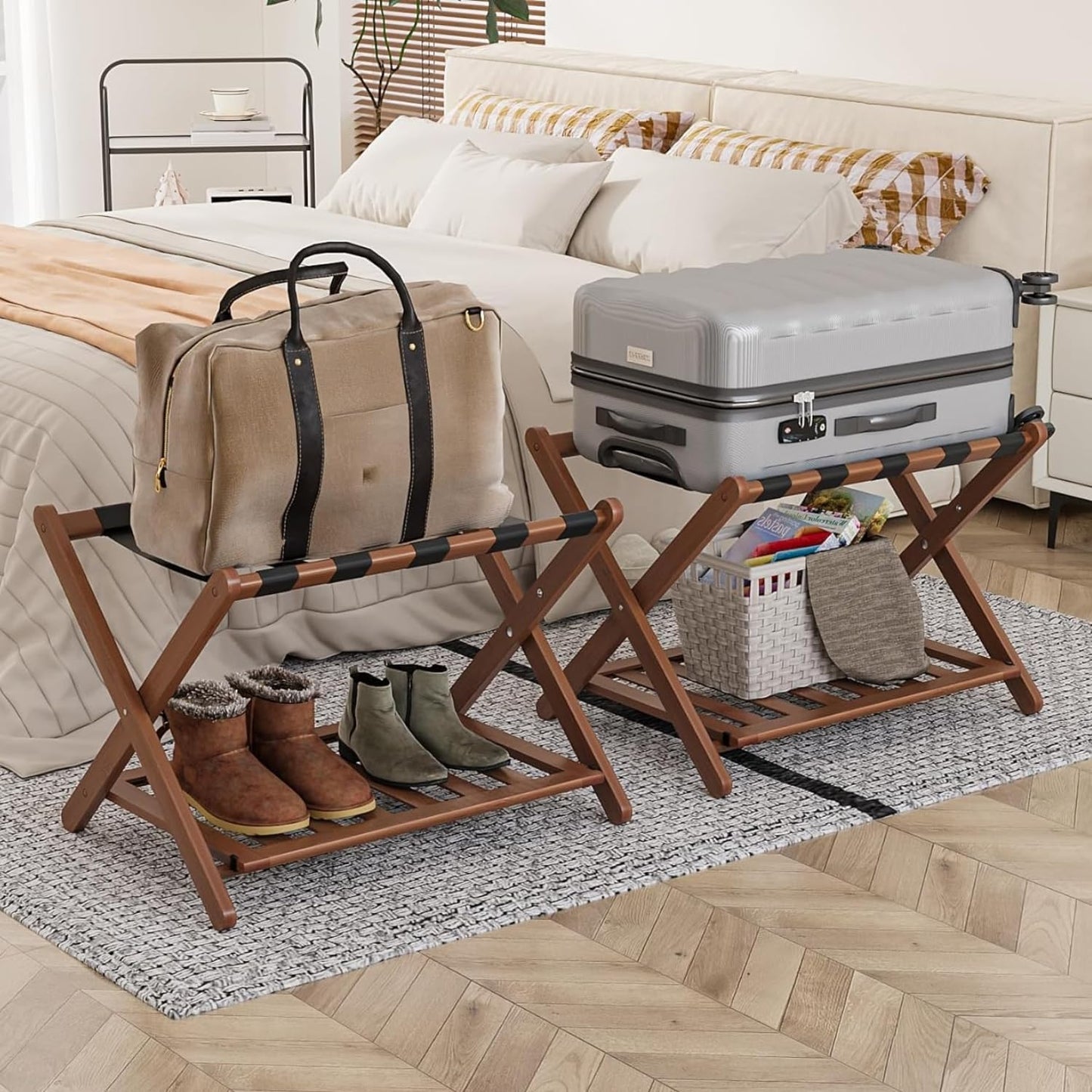 Fully Assembled Walnut Luggage Racks Set of 2, 5 Nylon Straps Folding Suitcase Stand, Bamboo Luggage Stands with Storage Shelf, Ideal for Guest Room, Bedroom, Hotel