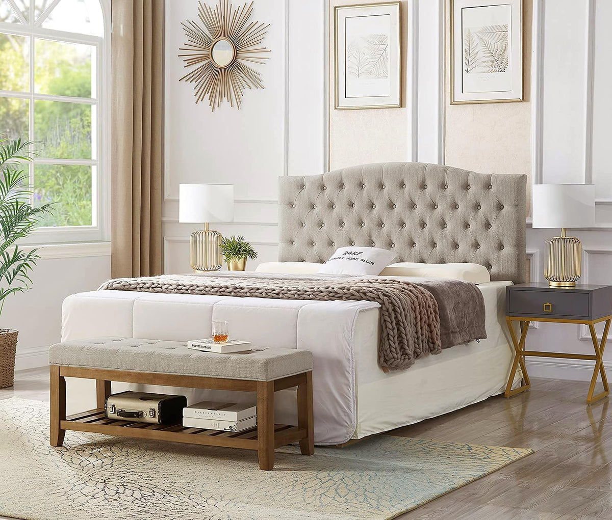 24KF Large Rectangular Upholstered Tufted Linen Fabric Ottoman Bench, Padded Bench with Solid Wood Shelf-Linen