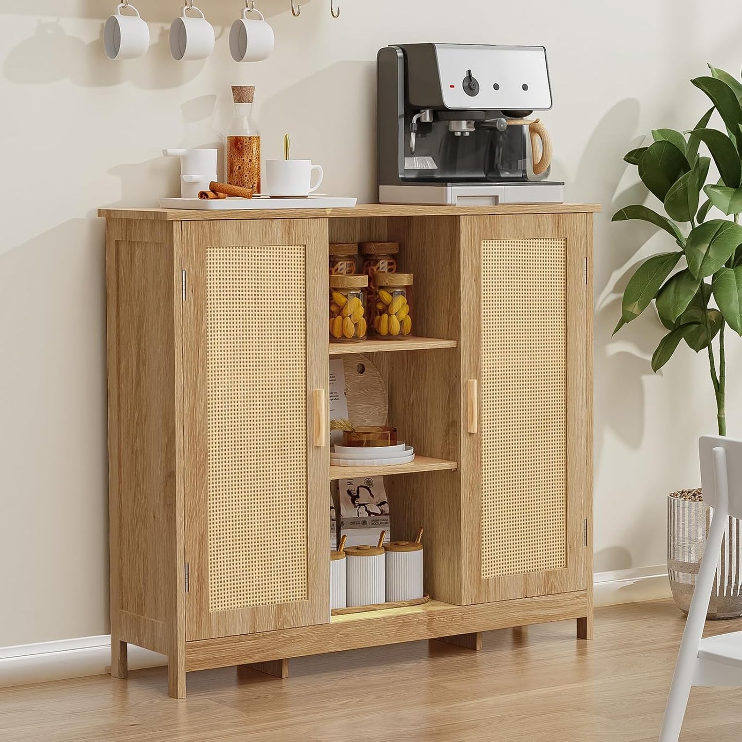 Iwell Rattan Storage Cabinet with 4 Adjustable Shelves, Coffee Bar Cabinet, Sideboard Buffet for Kitchen, Living Room, Entryway, Natural