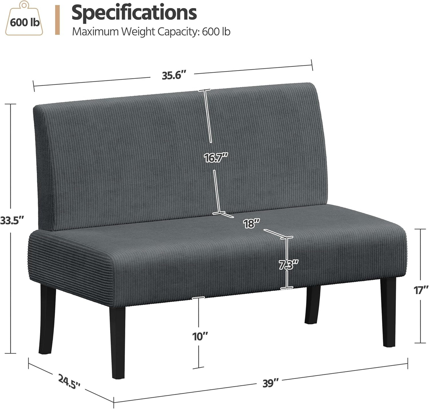 Yaheetech Small Mini Sofa Couch Armless Loveseat Futon for Bedroom, Corduroy Fabric & Easy Assembly, for Small Spaces Living Room,Dorm,Office,Apartment, Dark Grey