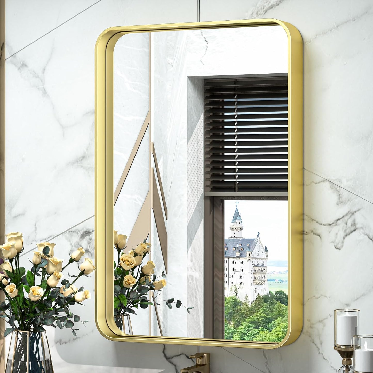 TokeShimi 16x24 Gold Bathroom Wall Mirror Vanity Metal Frame Round Corner Rectangular for Home Decor Living Room Entryway (Horizontal/Vertical)