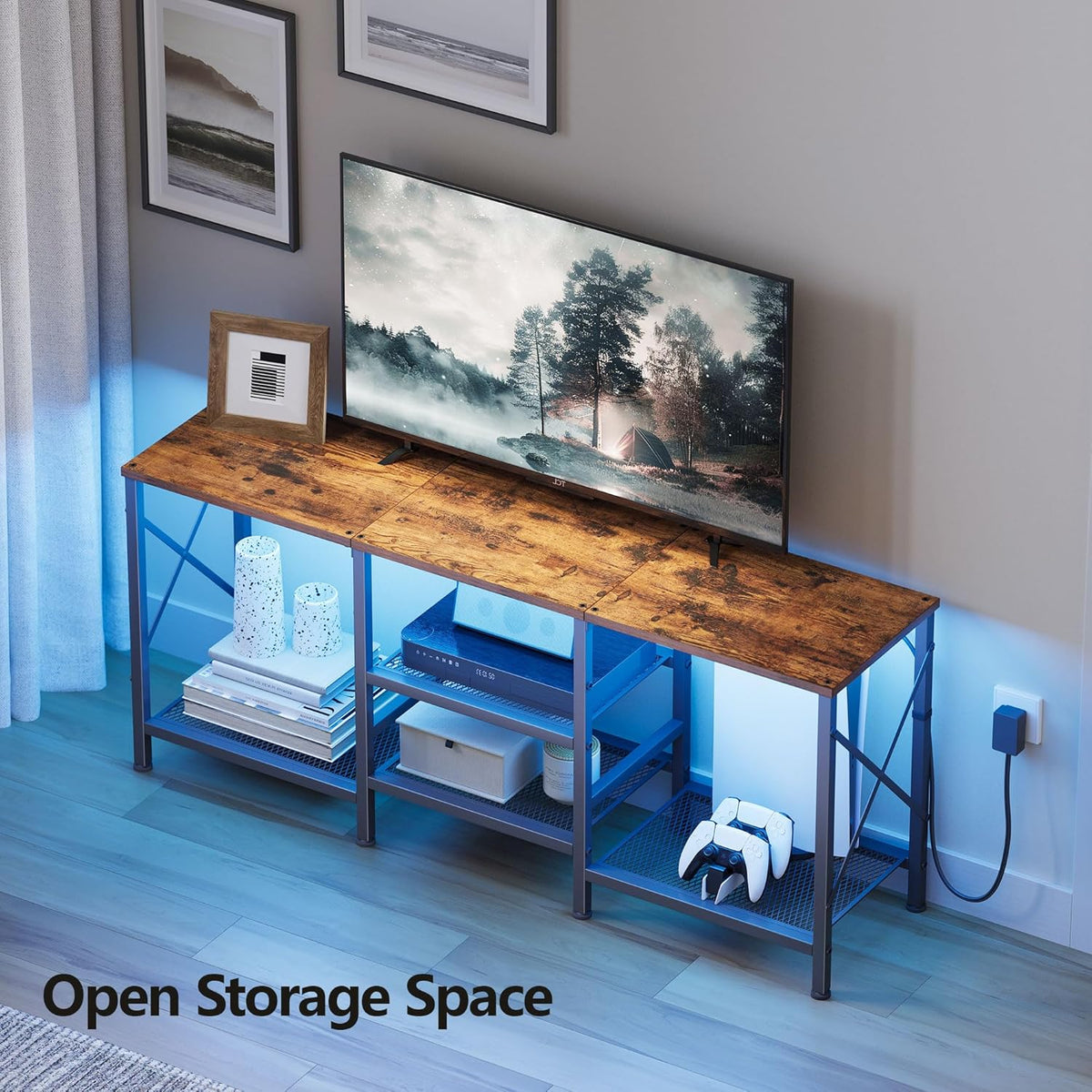 TV Stand with LED Lights for 55 Inch TV, Entertainment Center with 3-Tier Open Shelves, TV Console Table for Living Room, Bedroom, Rustic Brown