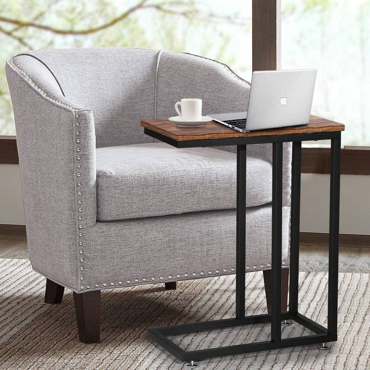 VECELO C Shaped End Side Table for Sofa Couch and Bed Snack TV Tray for Living Room Bedroom,Grey, 1 Set