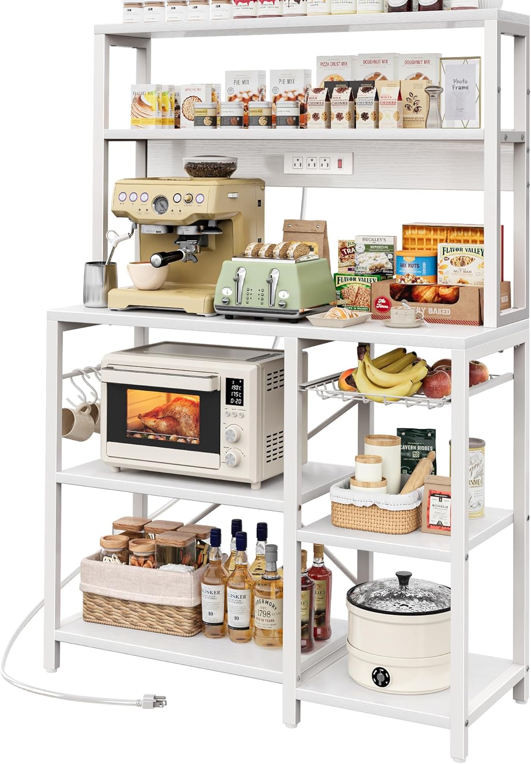 SUPERJARE Bakers Rack with Power Outlet, 35.4 Inches Coffee Bar with Wire Basket, Kitchen Microwave Stand with 6 S-Shaped Hooks, Open Storage Shelves, White