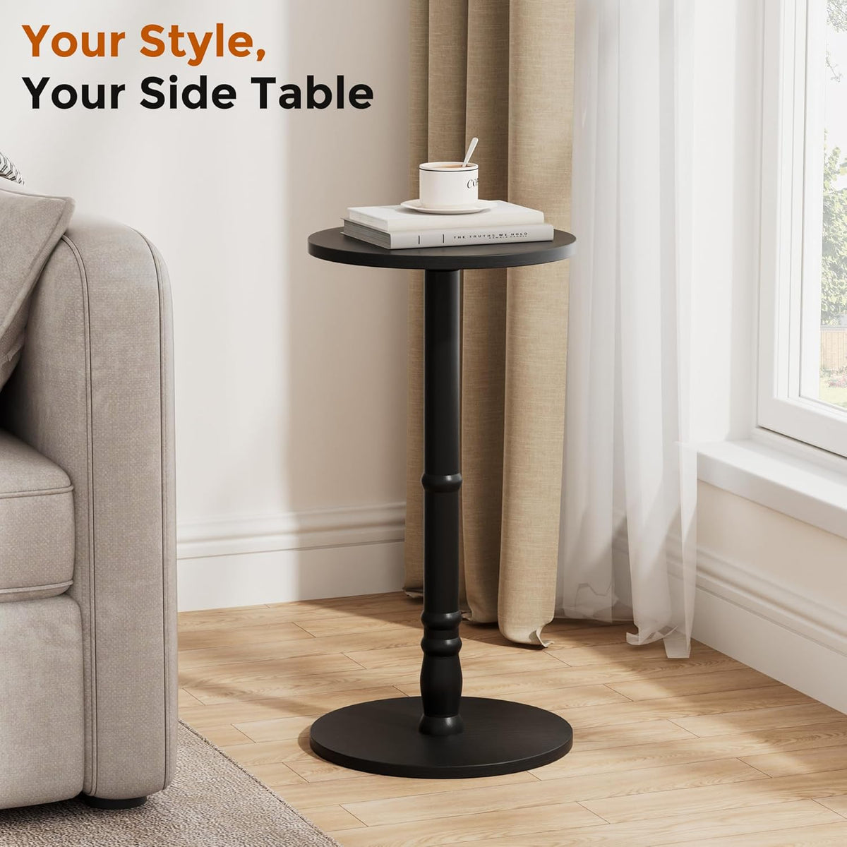 Round Side Tables Set of 2, Solid Wood Pillar with Wood Top & Base, Small Drink Accent Table for Living Room, Bedroom, Sofa & Office, Easy Assembly, Black