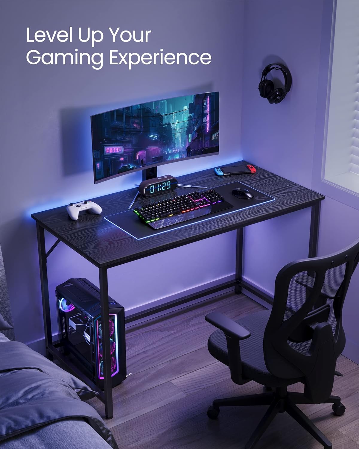 VASAGLE Computer Desk, Gaming Desk, Home Office Desk, for Small Spaces, 23.6 x 47.2 x 29.9 Inches, Industrial Style, Metal Frame, Black with Wood Grain ULWD039B56