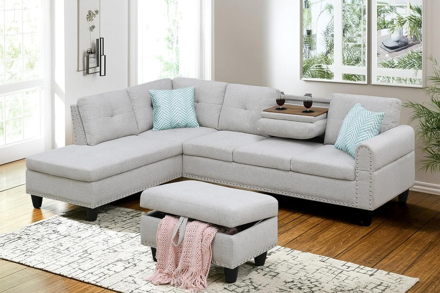 98 Inch L Shaped Sectional Sofa with Chaise Lounge, Storage Ottoman and 2 Pillows, 4-Seaters Linen Upholstered Tufted Couch w/Cupholder & Nailhead Trim for Living Room, Office, Light Gray