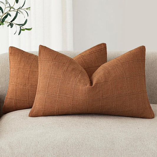 Foindtower Set of 2 Decorative Linen Check Throw Pillow Covers Neutral Farmhouse Lumbar Cushion Covers Modern Boho Home Decor for Sofa Chair Couch Bedroom Living Room Outdoor,12×20 Inch,Orange